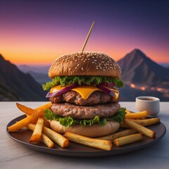 Hamburger with French Fries at Sunset on a Mountain