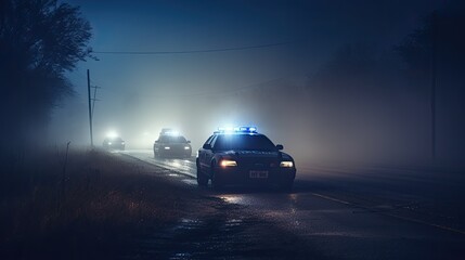 Fototapeta na wymiar Police cars driving at night chasing a car in fog 911 police car rushing to crime scene