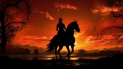 Silhouette of a horse rider during sunset