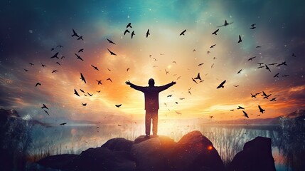 Man experiences freedom and adventure while raising hands against sunset sky with bird fly background Vintage filter adds color and style - obrazy, fototapety, plakaty