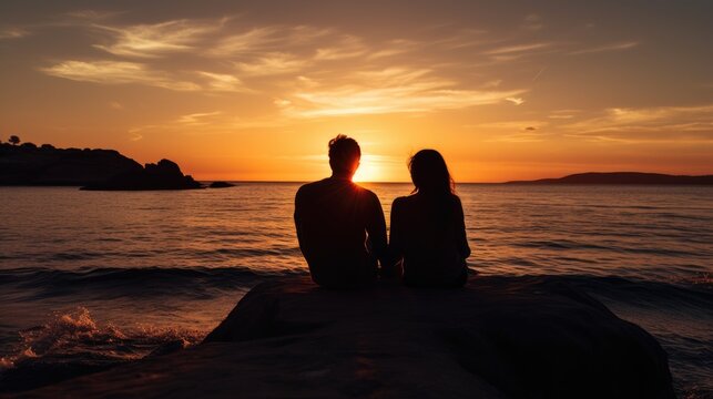 Couple sitting separately watching the sunset over the sea