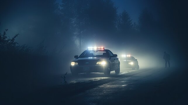Police cars driving at night chasing a car in fog 911 police car rushing to crime scene
