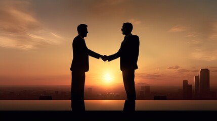 Two businessmen agreeing on a deal at sunset on the floor
