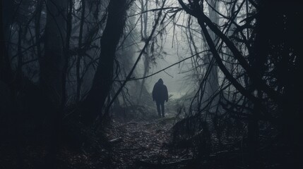 Mysterious figure facing away watching path in eerie forest Winter day Grungy textured edit