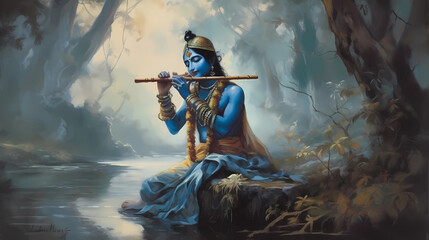 Young Lord Krishna sitting by the water | Generative AI