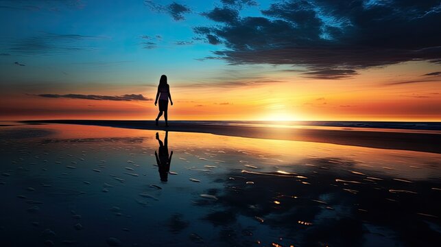Reflective image of girl walking by the shore