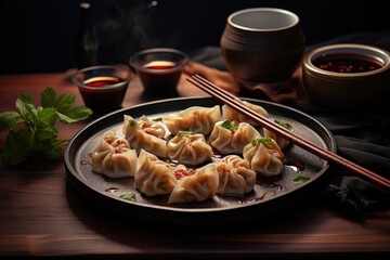 Fototapeta na wymiar dumplings with dipping sauce and chopsticks