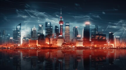Double exposure with digital world map on China flag and blurred skyscrapers representing research and strategy concept