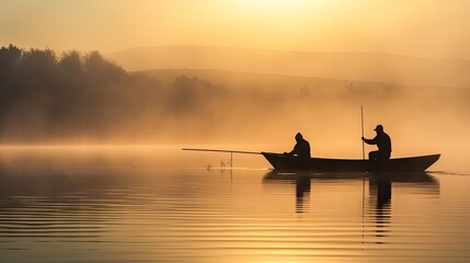 Two fishermen in a small boat on a calm lake obscured by morning fog