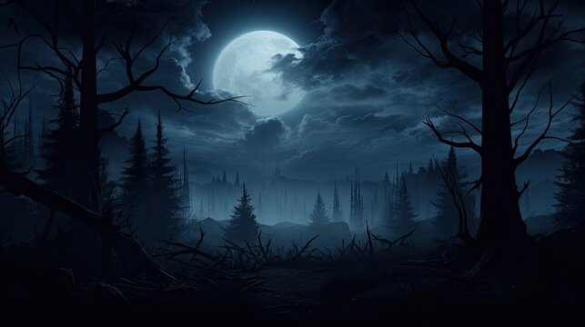 Spooky forest with full moon for Halloween atmosphere