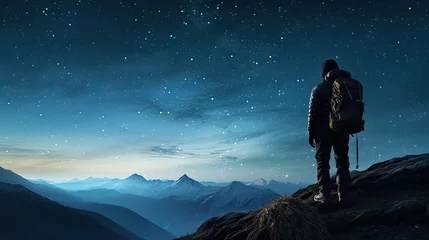Foto op Aluminium Young traveler and backpacker admired the night sky while alone on the mountain top finding joy in traveling and triumph in reaching the summit © HN Works