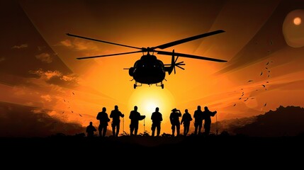 Naklejka na ściany i meble Silhouette soldiers descend from helicopter warning of danger against a sunset background with space for text promoting peace and cessation of hostilities
