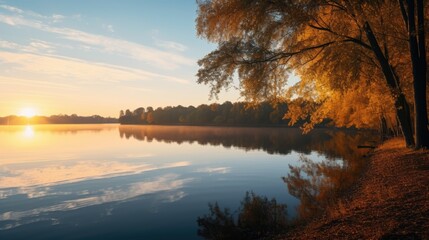 Fototapeta na wymiar Sunshine over orange foliage on a riverside in autumn landscape of Belarus or Europe at sunrise