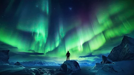 Fotobehang Silhouette of a man on a mountain with the aurora borealis symbolizing freedom and travel © HN Works