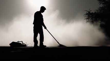 Artistic image of male janitor on duty cleaning