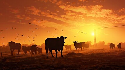 Fototapeta na wymiar Cattle shapes at sunset on the farm field