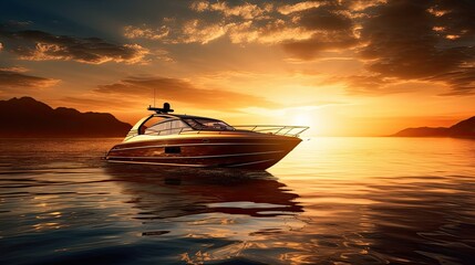 Golden sunset photo with a speed boat silhouette floating on the sun reflection captured during the evening