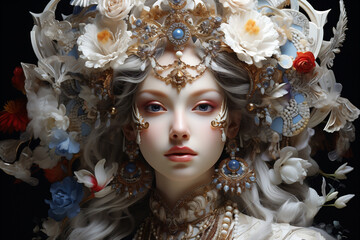 Beautiful woman White Tara on flower background. AI Generative