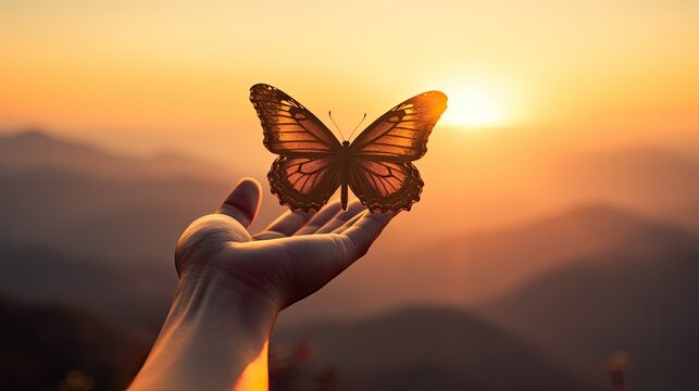 Hand in a meditation position and butterfly Sunset in the mountains shown in a close up shot