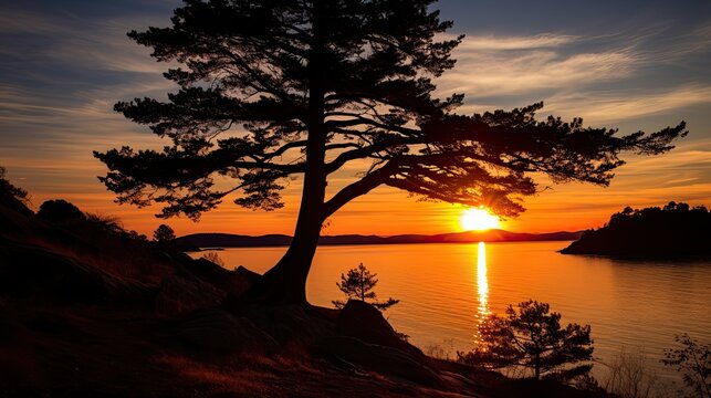 Arbutus tree Wallace Island Gulf Islands British Columbia Canada with setting sun behind