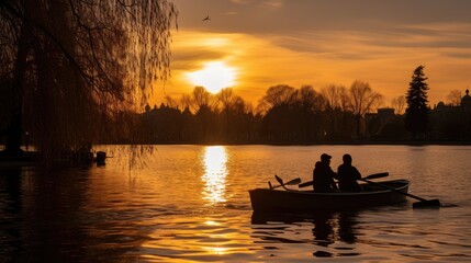 Naklejka na ściany i meble Two people in a boat at sunset in Retiro Park s lake Madrid Spain on March 28 2023
