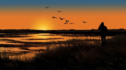 Fototapeta na wymiar A birdwatcher enjoying the sunset at The Breaches nature reserve