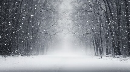 High quality photo of a snowy road view through an old forest with black tree silhouettes and a white snow background in winter