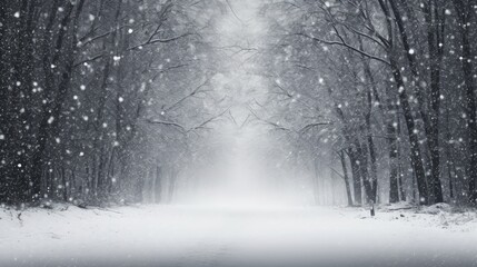 High quality photo of a snowy road view through an old forest with black tree silhouettes and a white snow background in winter