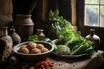ingredients for falafel in a rustic setting