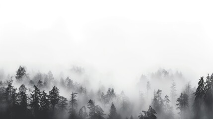 Thick white fog and heavy rain cloak the forest Tree shapes disappear in the mist amid grain and texture of clouds