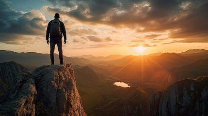 A solitary traveler admires the sunset from a cliff s edge surrounded by mountains and valley in an adventure filled hiking experience