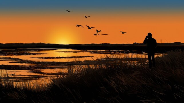A birdwatcher enjoying the sunset at The Breaches nature reserve