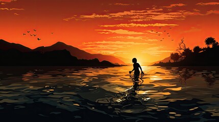 Fototapeta premium diver s outline in sunset