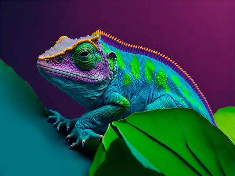 Una iguana colorida sobre un fondo violeta degradado. Vista de frente y de cerca. Copy space. IA Generativa 