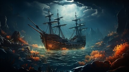 Obraz premium A sunken ship at the bottom of the ocean or sea. wrecked ship. Underwater landscape. The sun's rays break through the water. Generative AI