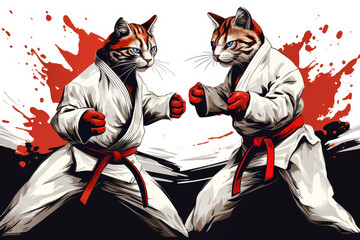 Two cute karate fighters cats in the ring