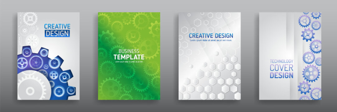 Futuristic design for medical, scientific, computer flyers, brochures, and webinar pages. High-tech corporate document cover design. White set of hi-tech covers for presentation and marketing.