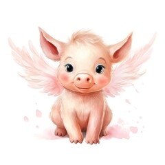 Cute Watercolor Little Pig Clipart with Wings on White Background AI Generated