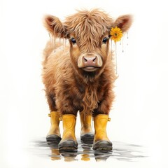 Image of Adorable Highland Baby Cow Wearing Yellow Rain Boots - Watercolor Clipart AI Generated printed on Printed Glass Splashbacks