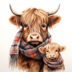 Mother and Baby Highland Cow with Tartan Scarf - Watercolor Clipart AI Generated
