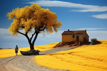 Naklejka premium une personne au milieu d'un paysage coloré avec un arbre, ia