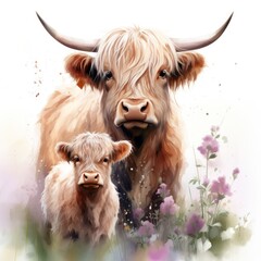 Mother and Baby Highland Cow Standing in Field with Thistles Watercolor Clipart AI Generated