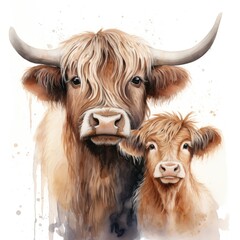 Mother and Baby Highland Cow Watercolor Clipart on White Background AI Generated