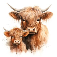 Mother and Baby Highland Cow Watercolor Clipart on White Background AI Generated