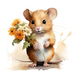 Adorable Mouse Holding a Flower - Watercolor Clipart AI Generated