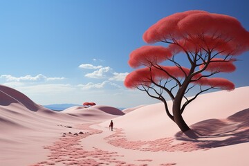 une personne au milieu d'un paysage coloré avec un arbre, ia