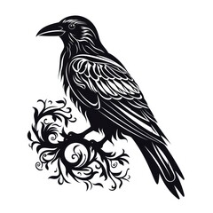 Raven Silhouette Tattoo with Viking Symbols on White Background AI Generated