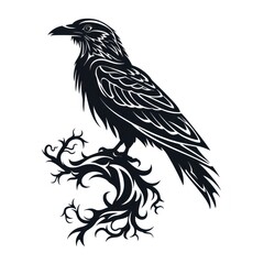 Fototapeta premium Raven Silhouette Tattoo with Viking Symbols on White Background AI Generated