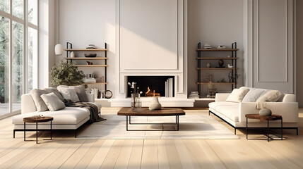 Contemporary Elegance Spacious Living Room with White Empty Wall, Hardwood Floors, Designer Furniture, and Cozy Fluffy Rug. created with Generative AI