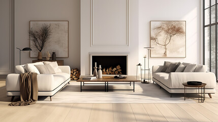 Contemporary Elegance Spacious Living Room with White Empty Wall, Hardwood Floors, Designer Furniture, and Cozy Fluffy Rug. created with Generative AI